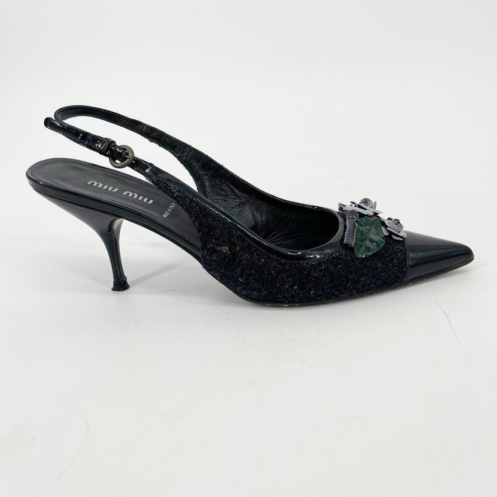 Miu Miu Vintage Wool Patent Cap Toe Floral Appliqué Slingback Heels IT 38 - Picture 2 of 13